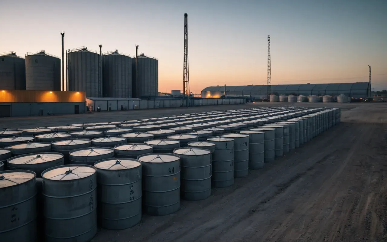 A wide view of an industrial concrete storage yard at dusk with stacked bags and large cylindrical silos lit by tall metal light poles casting long shadows across cracked asphalt ground.