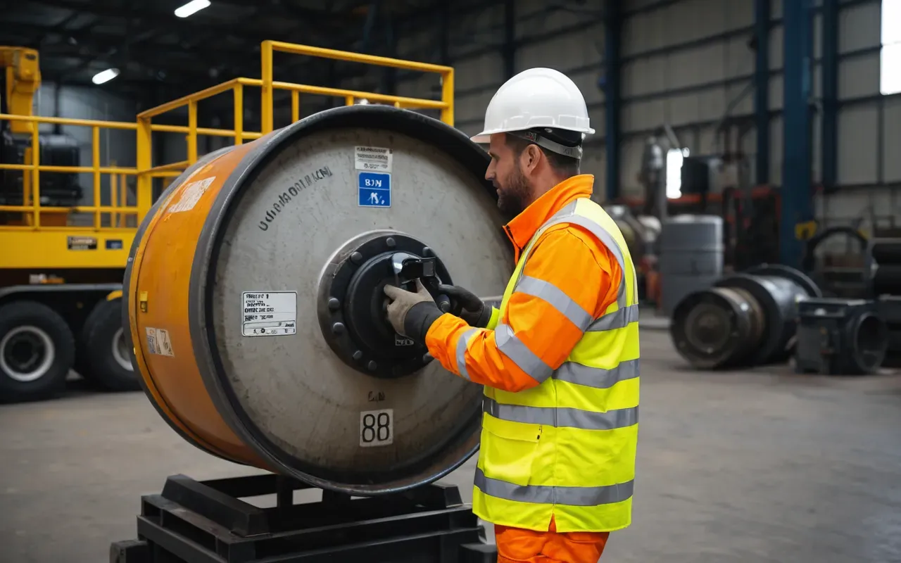 A worker in high-visibility safety gear inspecting the mechanical joints of a large industrial mixing drum with a flashlight in a well-lit warehouse environment.