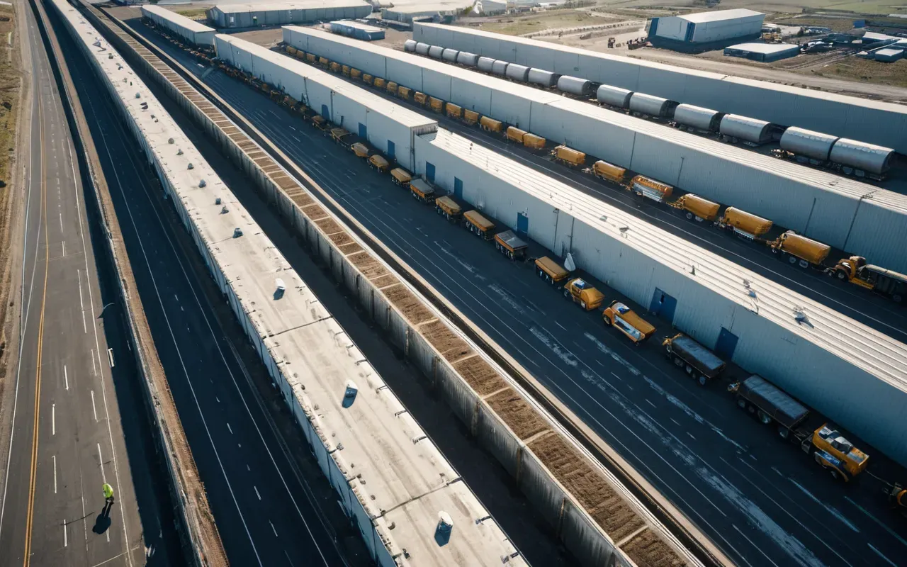Aerial view of a large industrial yard with multiple concrete trucks lined up and workers in high visibility vests directing flow under bright sunlight showing organized logistics without any visible signs or text.