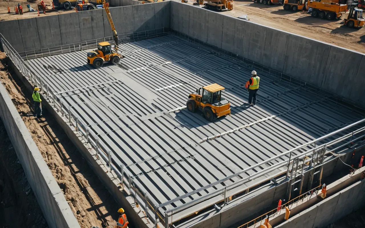 Aerial view of a modern construction site with fresh concrete being poured into steel forms surrounded by safety barriers and workers in high visibility vests
