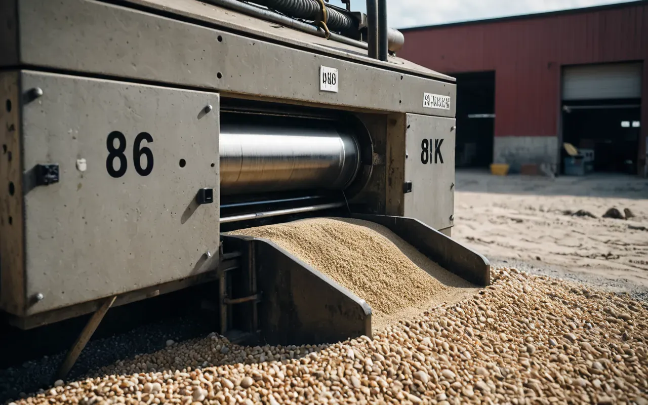 concrete cleaning equipment Close-up of a concrete washout machine separating sand and gravel from water with clear technical components visible in an industrial setting.