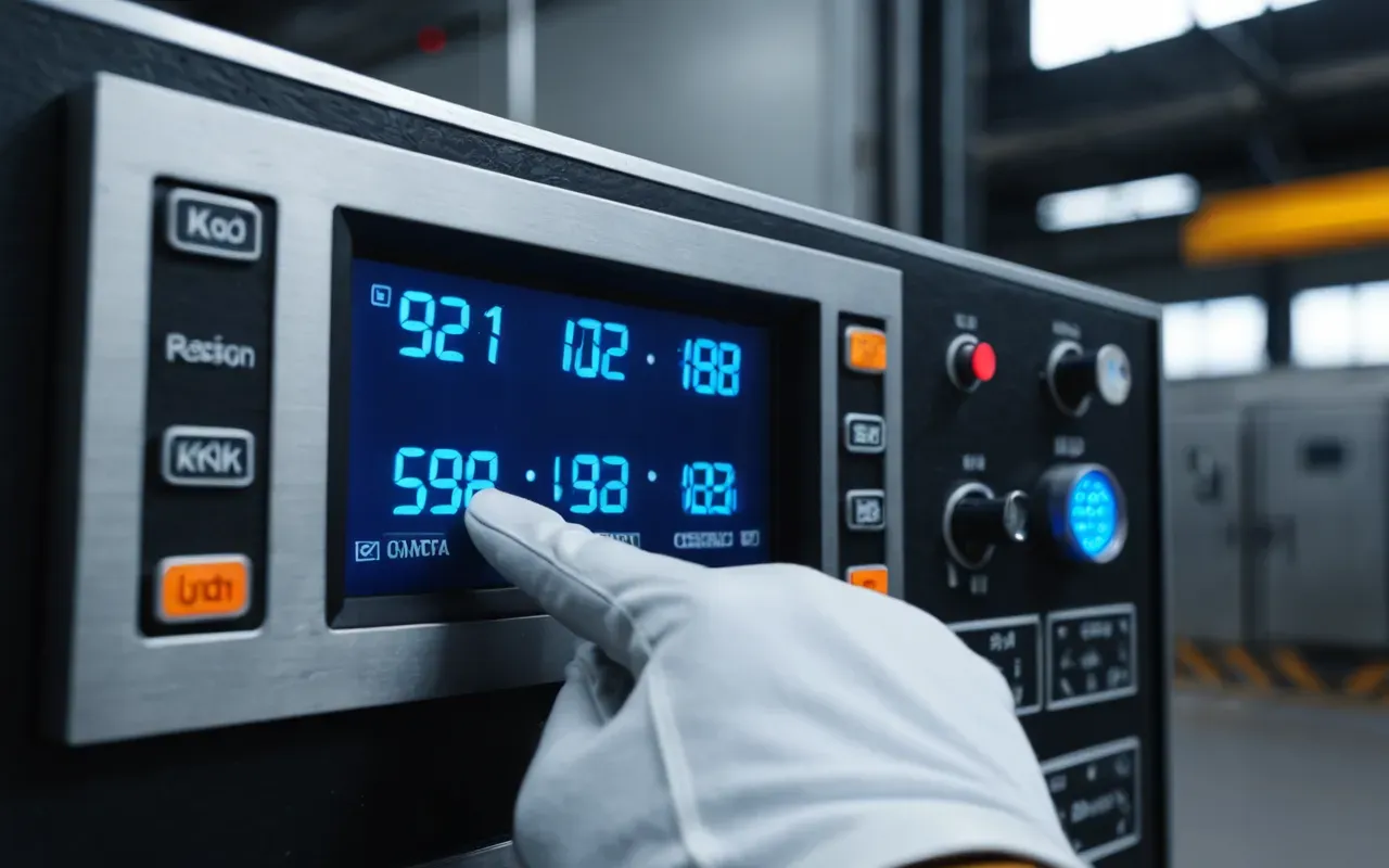 Close up of a gloved hand adjusting a digital control panel with bright blue indicator lights and smooth metallic surfaces in an industrial setting