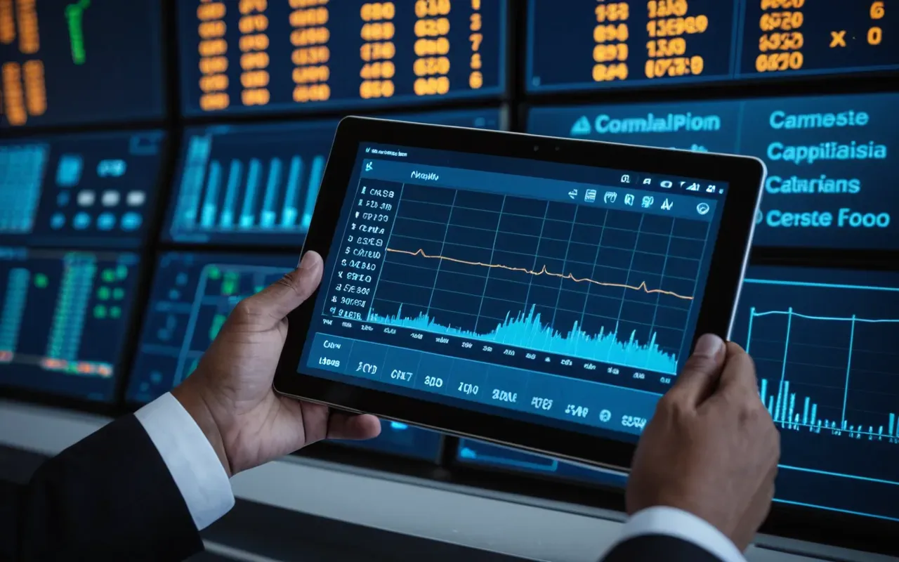 construction management dashboard Close up of a hand holding a tablet displaying complex data charts in an industrial control room with blue ambient lighting