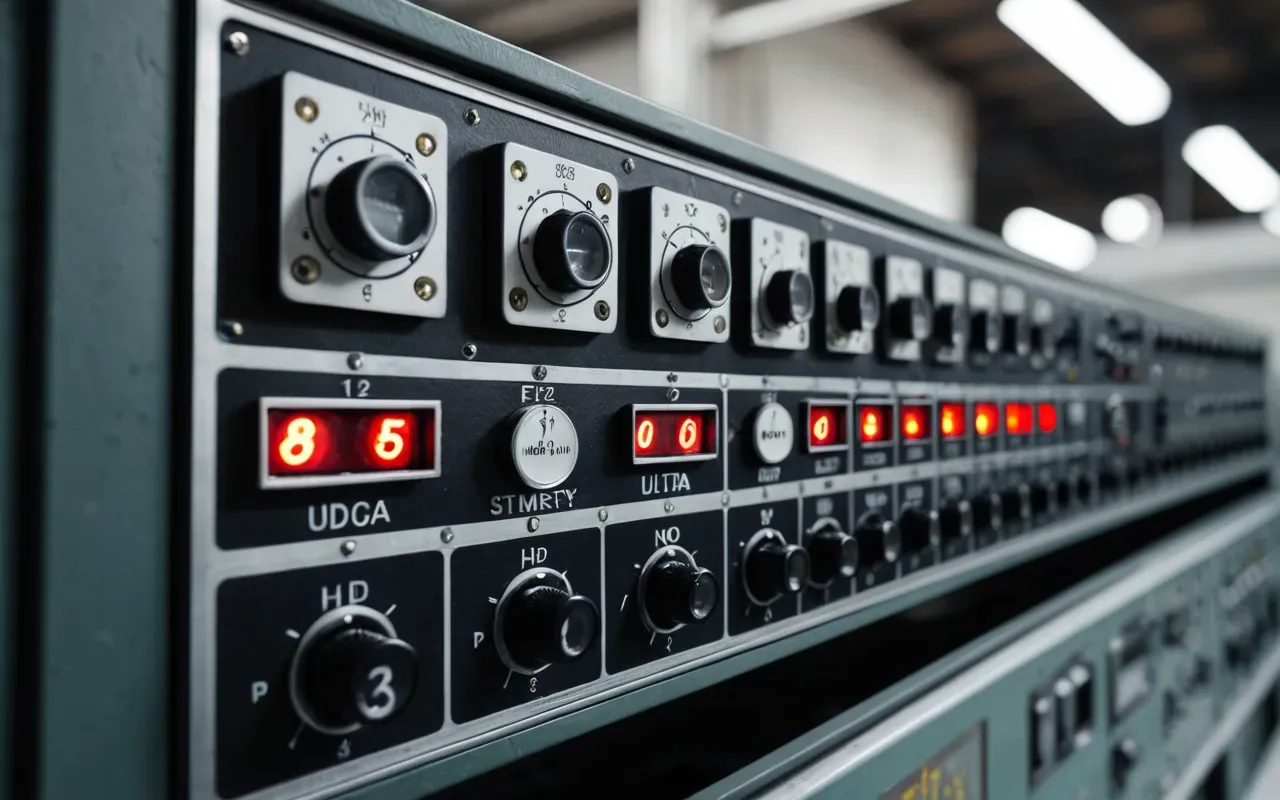 Close-up of a heavy-duty industrial control panel with illuminated status lights and complex wiring visible behind a clear protective cover in a bright factory setting.