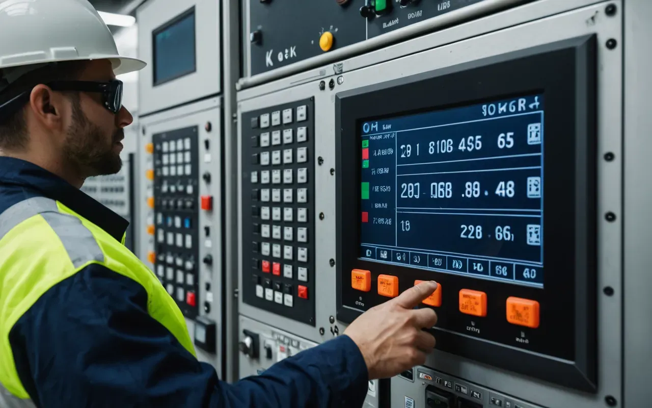 Close up of a worker in high visibility safety gear operating a control panel with illuminated buttons and digital readouts inside a clean industrial machine room