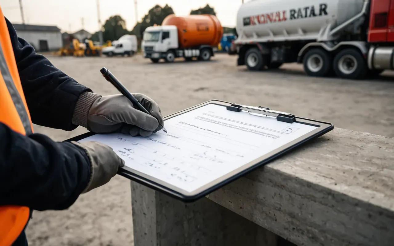 Close up of hands wearing heavy work gloves signing a document on a clipboard. In the background, blurred concrete mixer trucks are visible in a sunlit yard.