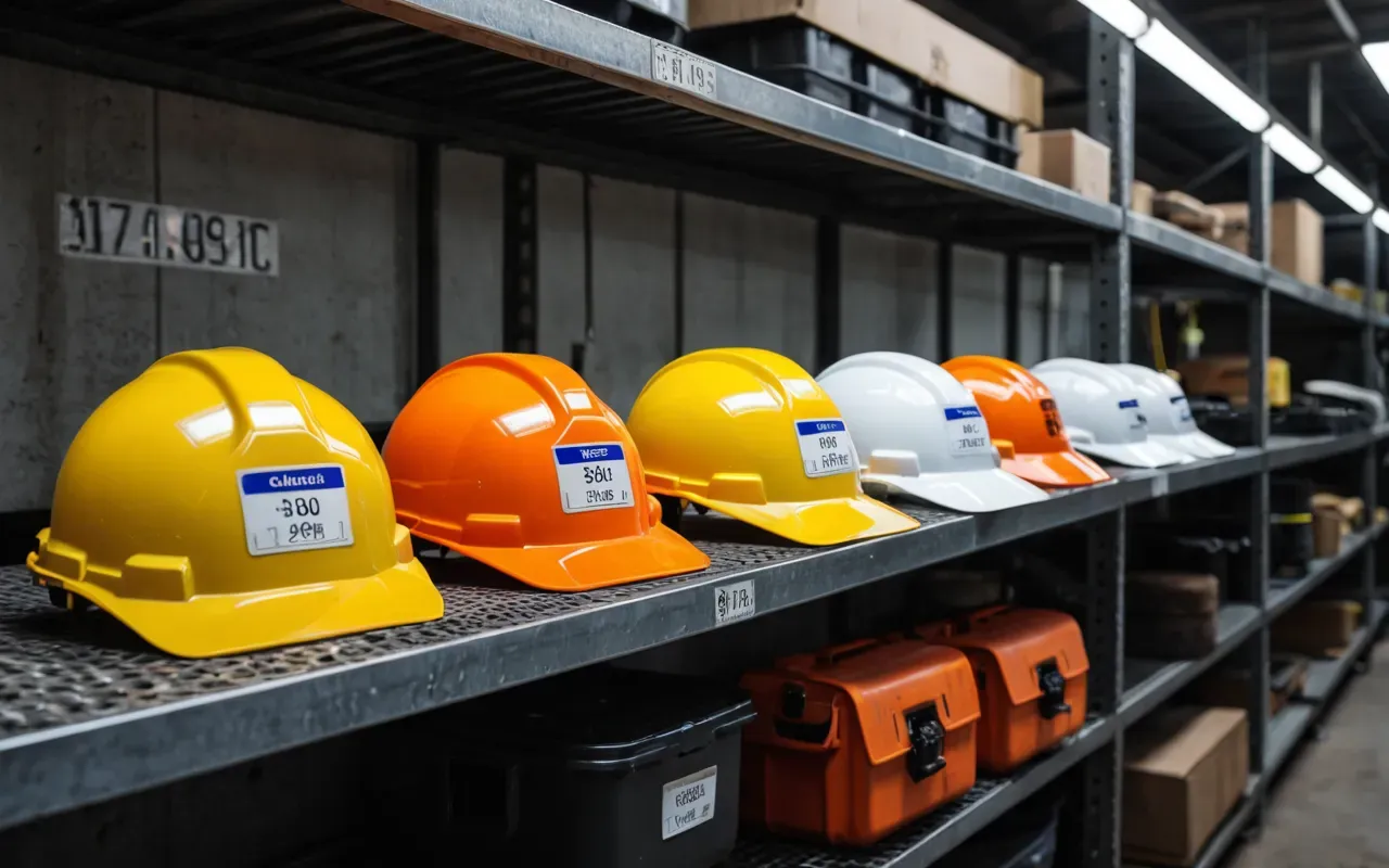 Close up of industrial safety equipment including hard hats and high visibility vests neatly arranged on a metal shelf in a well lit workshop area with soft shadows