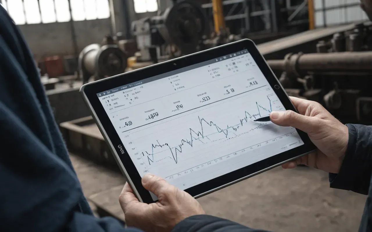 Close up of weathered hands holding a clipboard with handwritten notes next to a digital tablet displaying complex charts and metrics in an industrial setting, natural daylight from high windows.