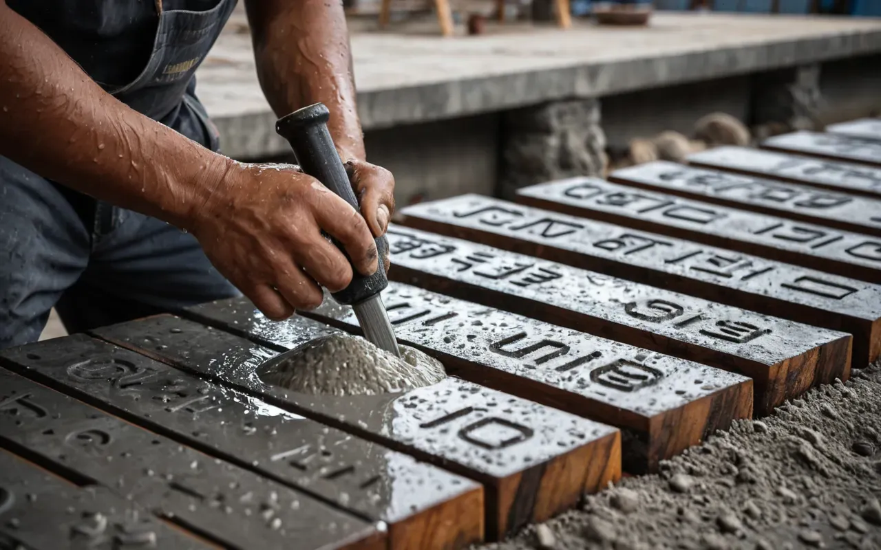 Close up of wet concrete being poured into wooden forms with tools nearby and worker hands visible in foreground