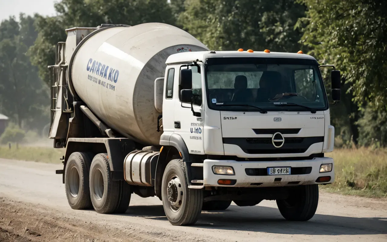 Close-up view of a concrete mixer truck parked on a rural road. The camera focuses on the rotating drum and the dusty tires kicking up fine particulate matter near a wooden fence. Soft daylight illuminates the texture of the dust cloud against green grass.