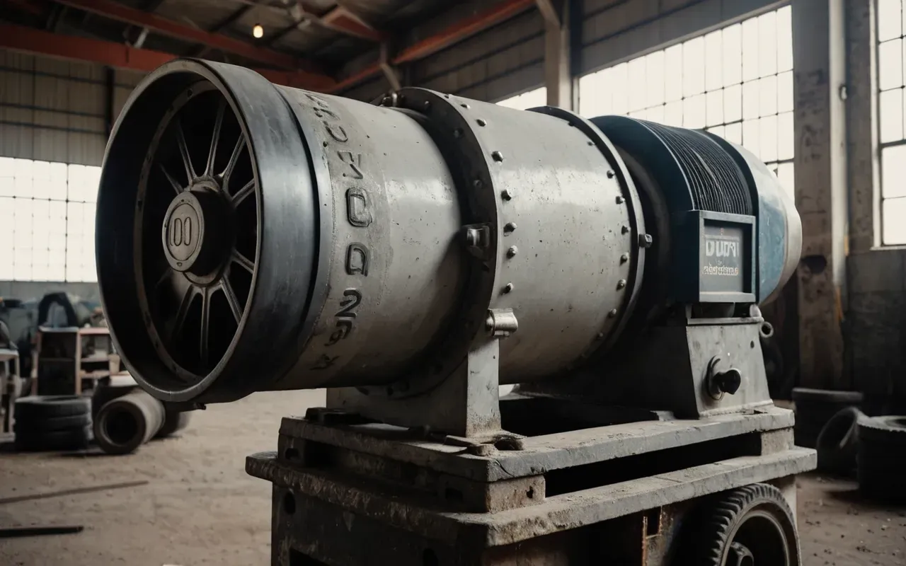 Close up view of a heavy industrial concrete mixer with worn rubber seals and metal components in a dusty workshop environment with harsh overhead lighting highlighting the mechanical details