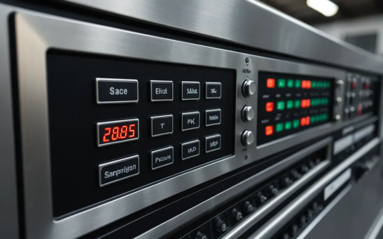 Close up view of a stainless steel control panel with digital displays and buttons in an industrial setting highlighting precision machinery components without any readable text or logos visible on the interface.