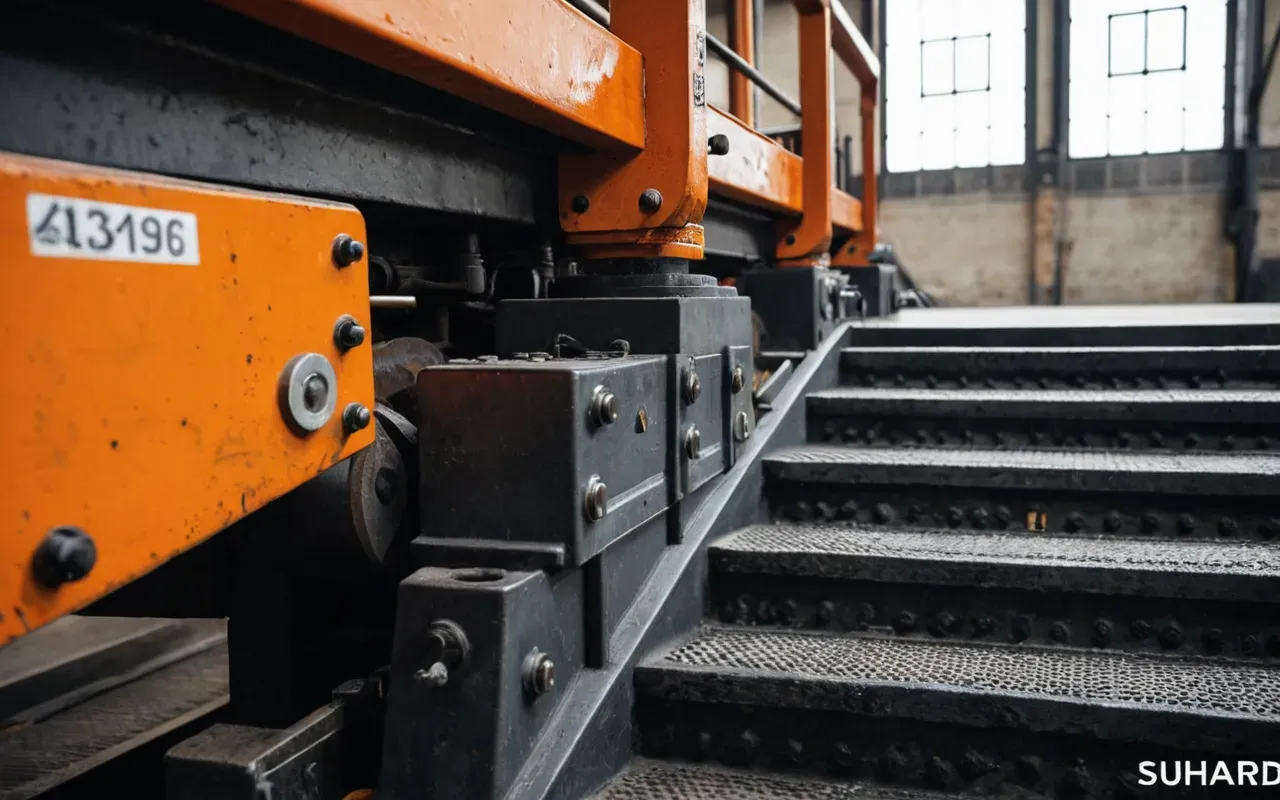 hydraulic systems Close up view of heavy steel treads and hydraulic arms on a massive industrial machine with bright orange paint under natural daylight.