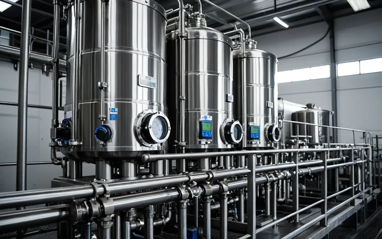 Detailed view of stainless steel dosing pumps and control valves inside a clean industrial mixing chamber with bright white lighting emphasizing the precision engineering components
