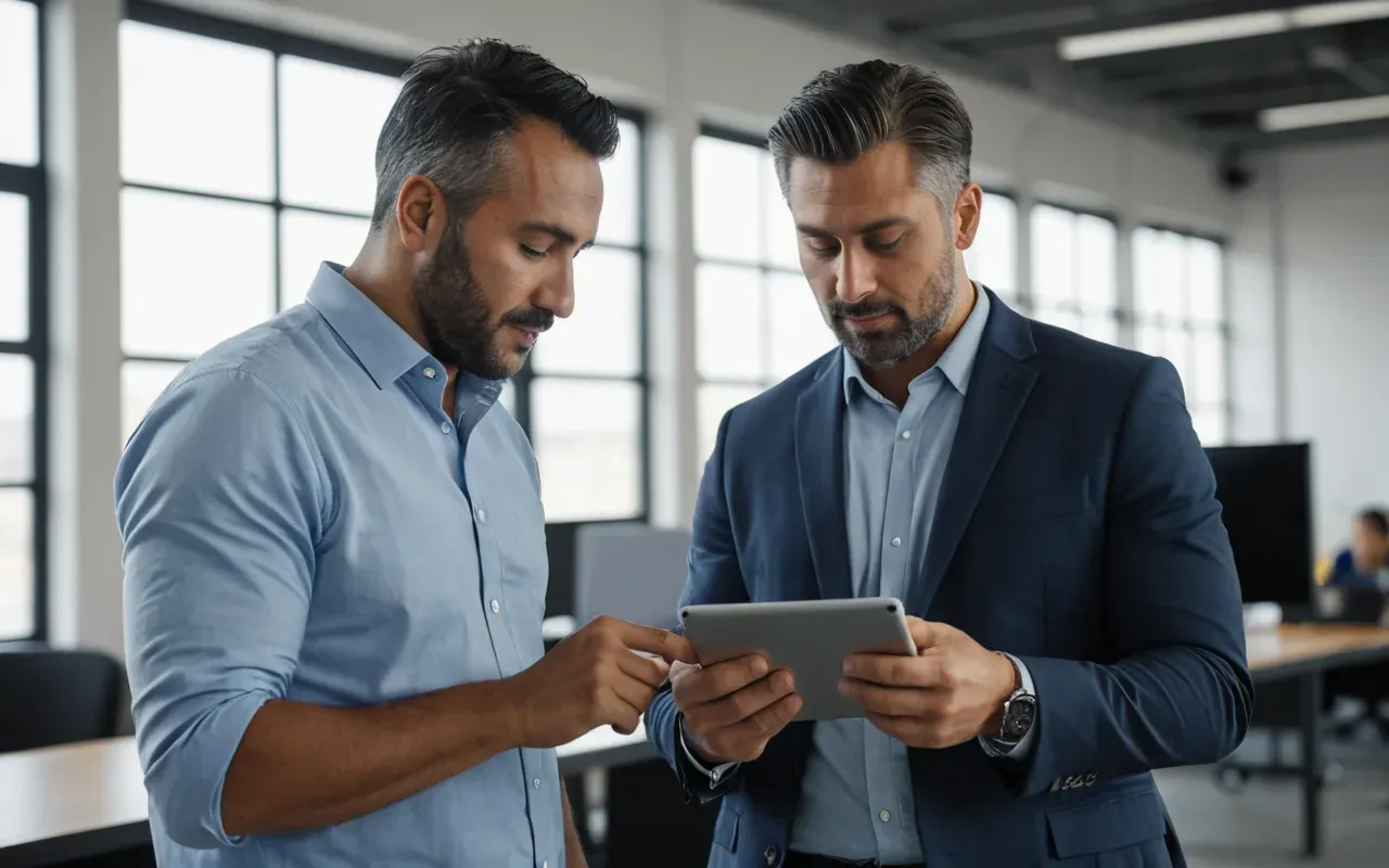 construction business strategy meeting Editorial shot of two professionals reviewing a digital tablet in an office setting with blurred industrial background and natural window light