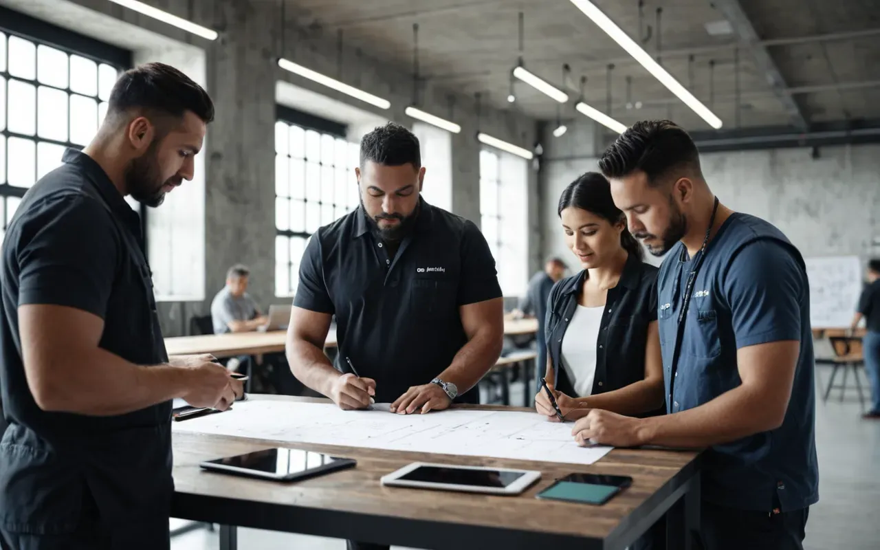 Group of diverse industrial workers collaborating around a large table with technical drawings and tablets, bright modern office space with concrete walls and natural light, casual professional attire.