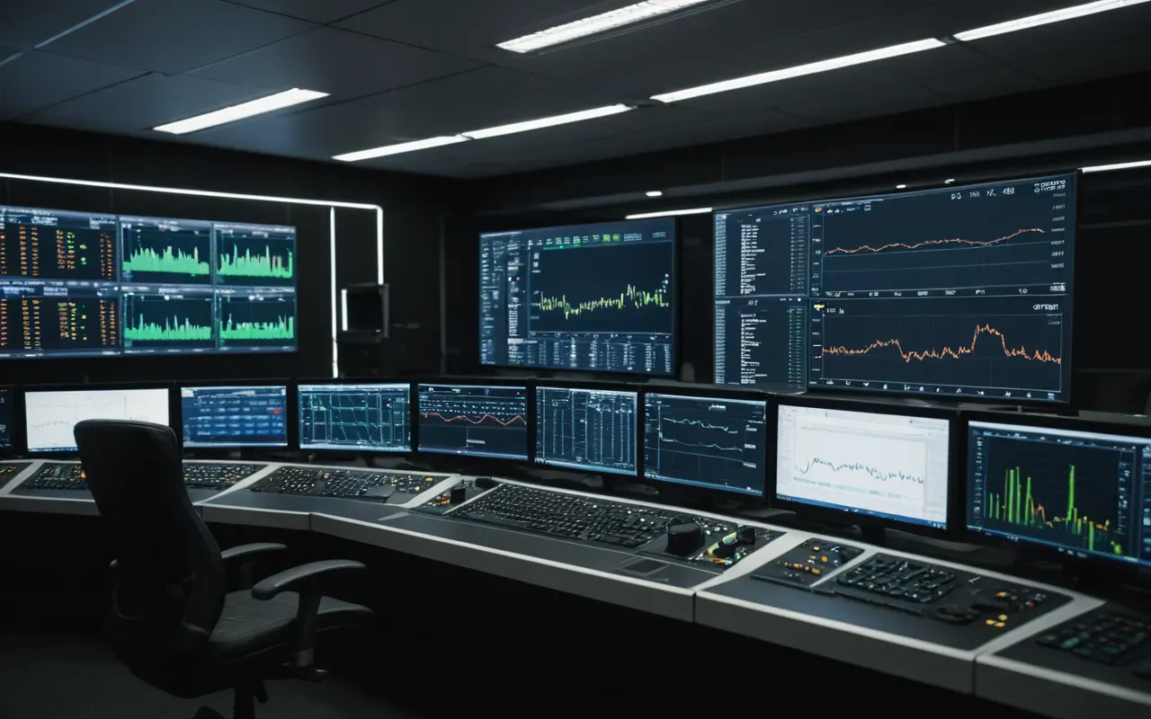 Interior shot of a modern control room with multiple monitors displaying graphs and data streams in dim lighting highlighting advanced technology integration without any readable text on the screens.