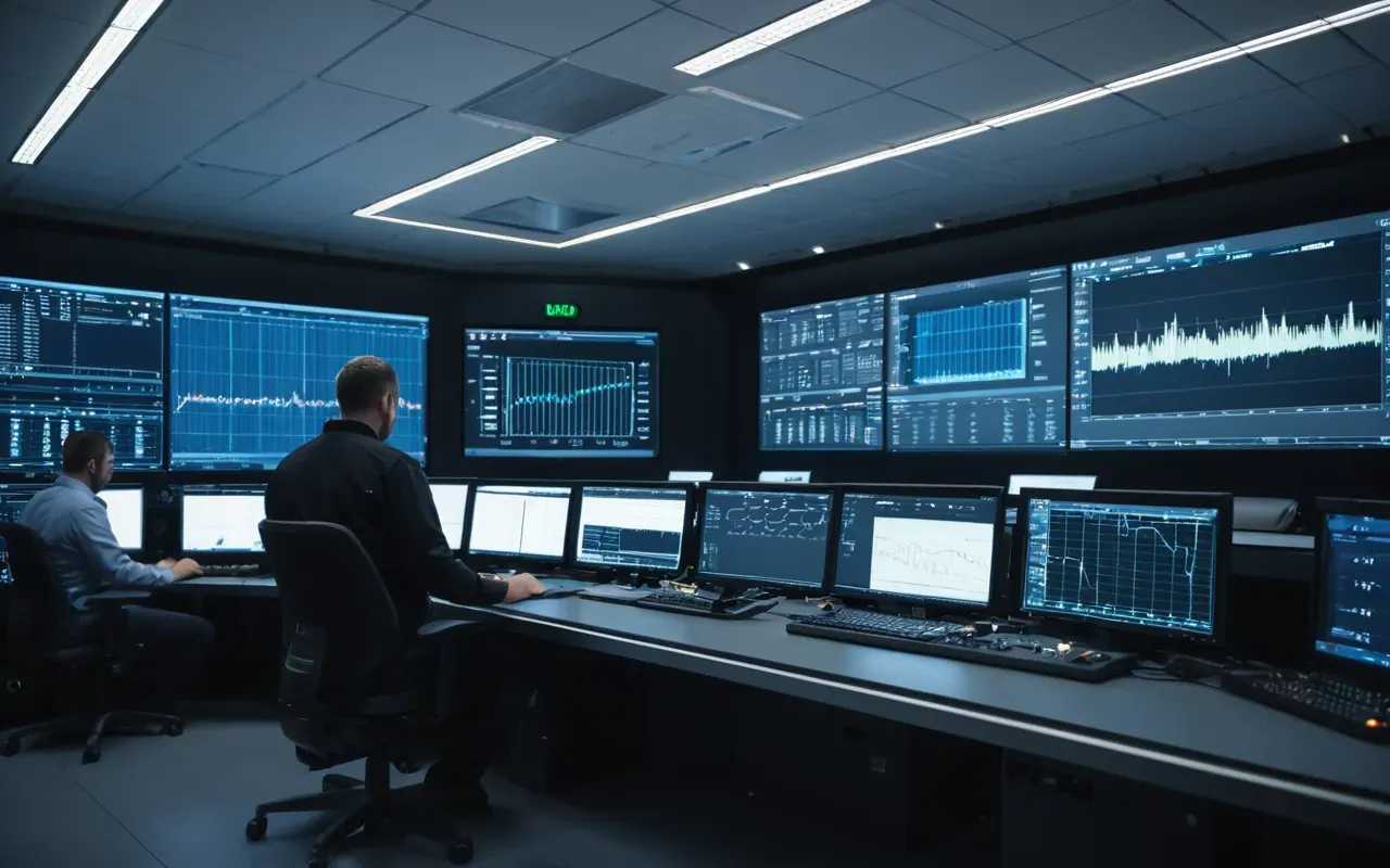 Interior view of a modern control room with large screens displaying graphs and data streams in soft blue light while technicians monitor operations from ergonomic chairs
