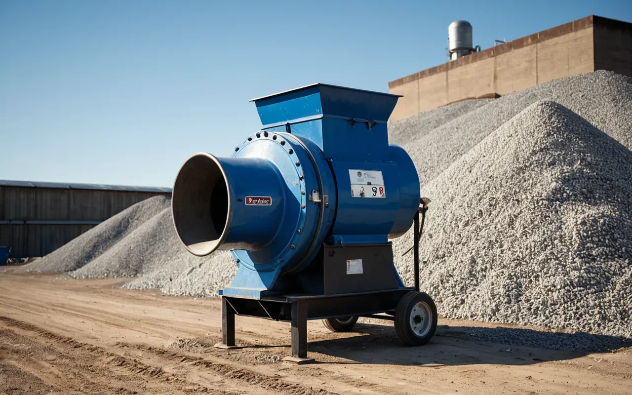 Side view of a heavy duty industrial mixer with hoppers and chutes in an outdoor setting surrounded by gravel piles under clear blue sky emphasizing robust engineering without any visible text or branding.