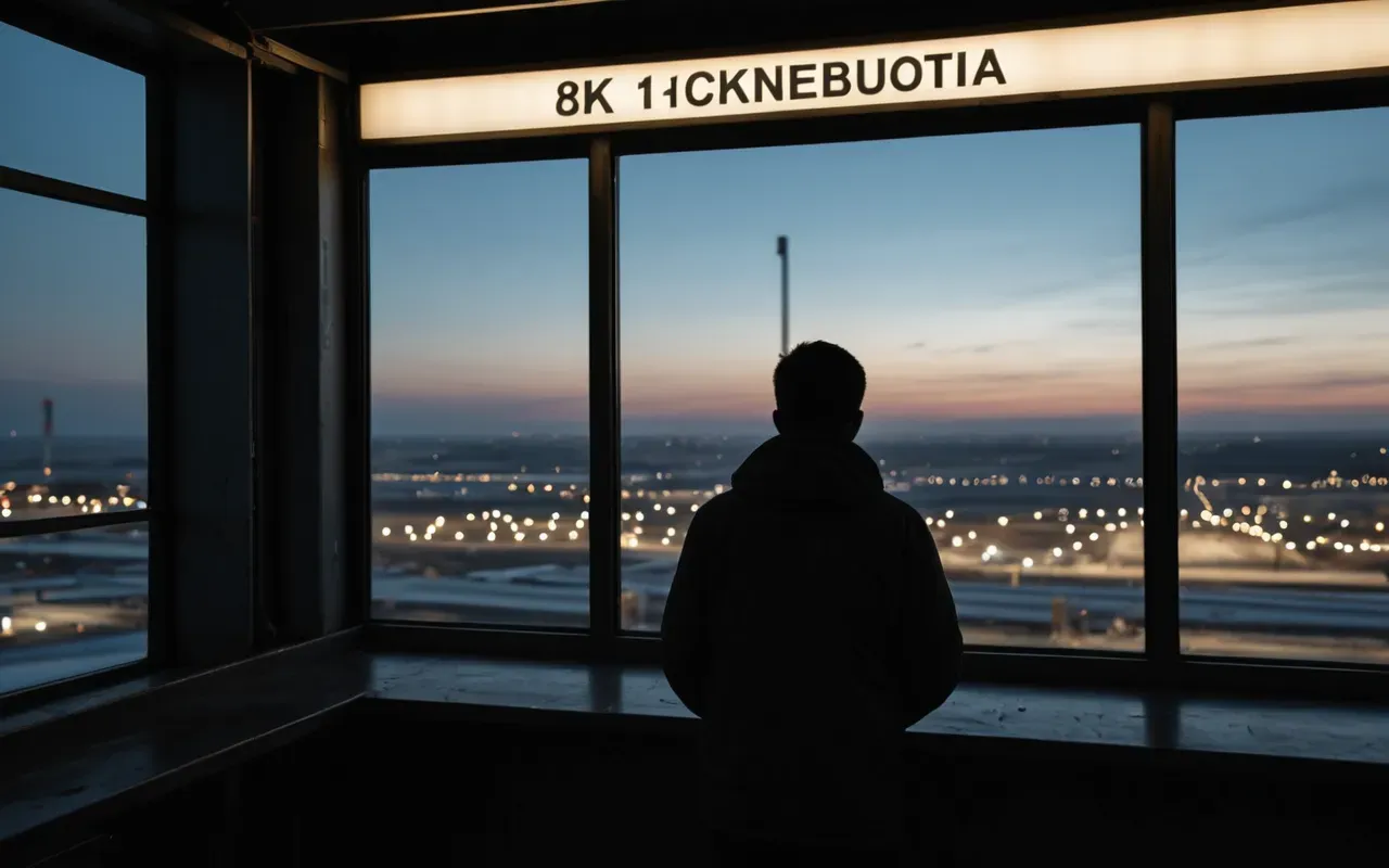 Silhouette of a person looking out from an elevated control booth overlooking a vast industrial landscape at dusk, warm artificial lights glowing in the distance, contemplative mood, cinematic composition.