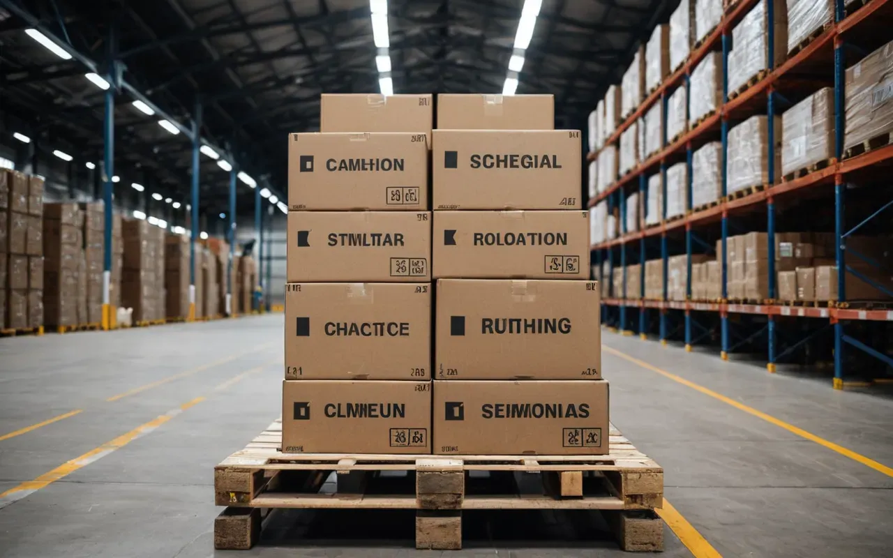 Stacked boxes labeled with generic icons sitting on a wooden pallet in a warehouse aisle with bright overhead lighting and clean concrete floor