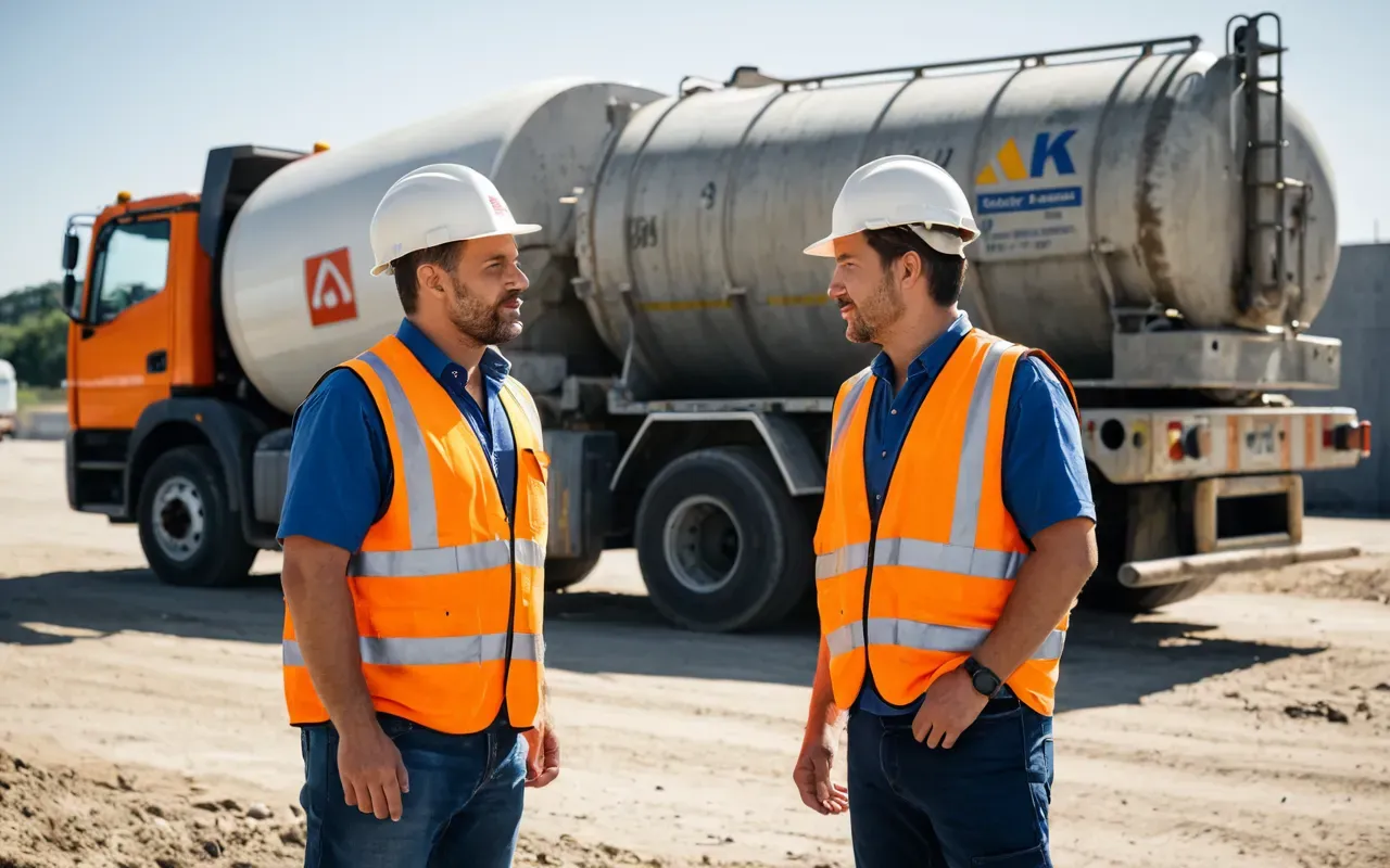Two construction managers in safety vests discussing plans next to a concrete mixer truck with bright sunlight