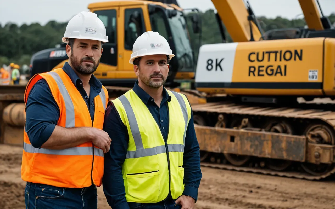 Two construction workers wearing high visibility vests and hard hats standing near a piece of machinery in a safe distance.