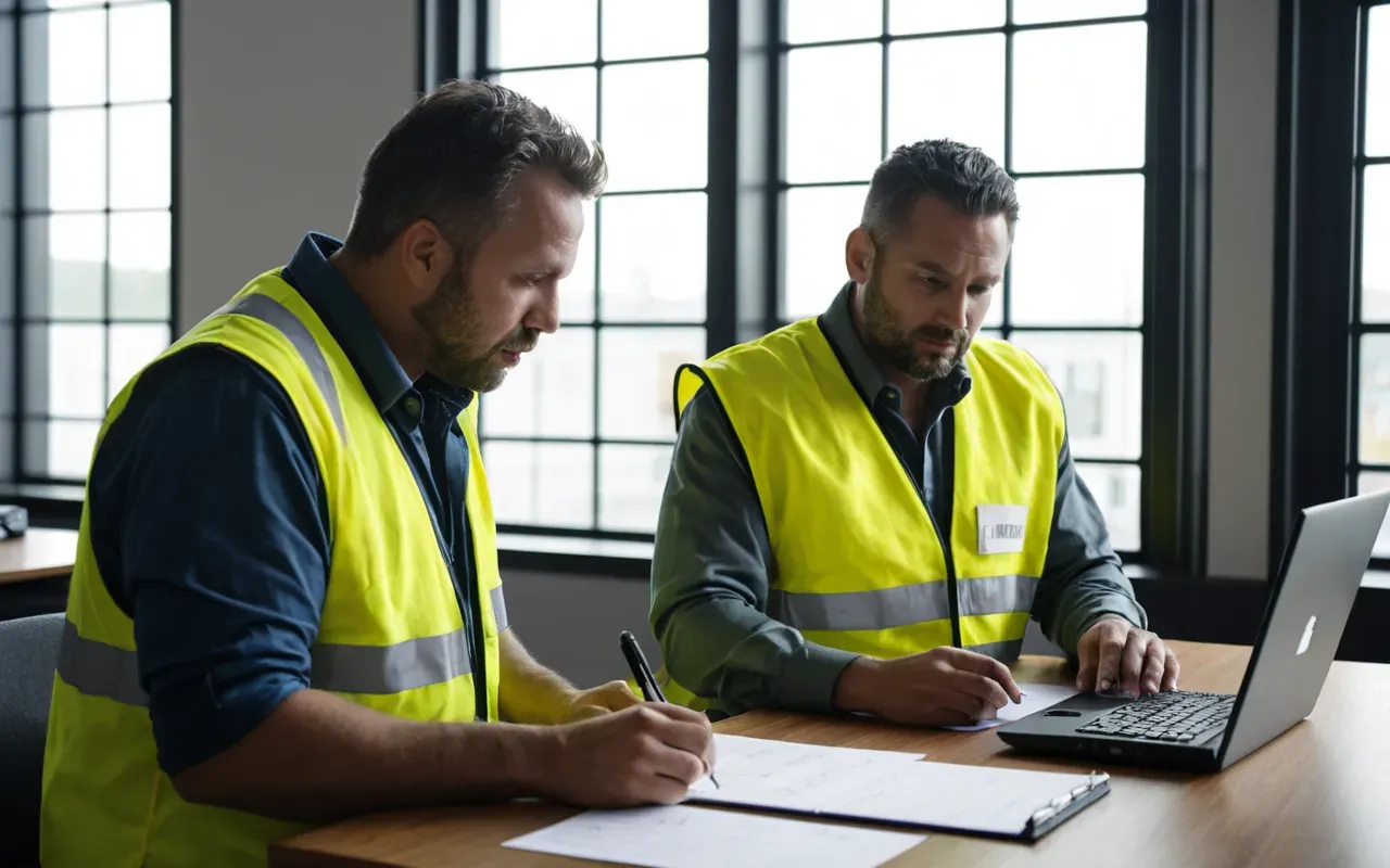 Two workers in safety vests discussing technical documents at a table with laptops and calculators in an office setting with large windows showing daylight outside