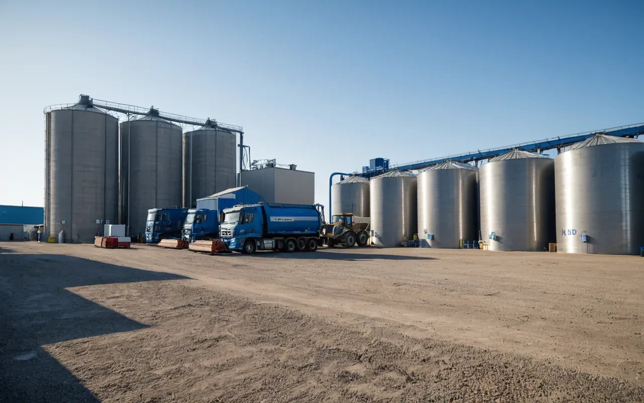 Wide angle shot of a modern compact concrete batching facility situated in an open paved yard with clear blue sky and organized storage silos in the background showing clean industrial design