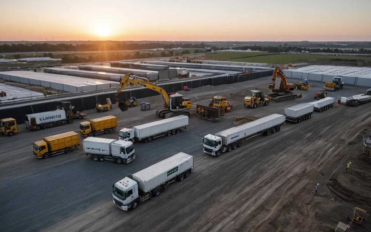 construction site operations Wide angle view of a busy modern construction site with concrete trucks unloading at dawn under clear skies and safety gear visible on workers