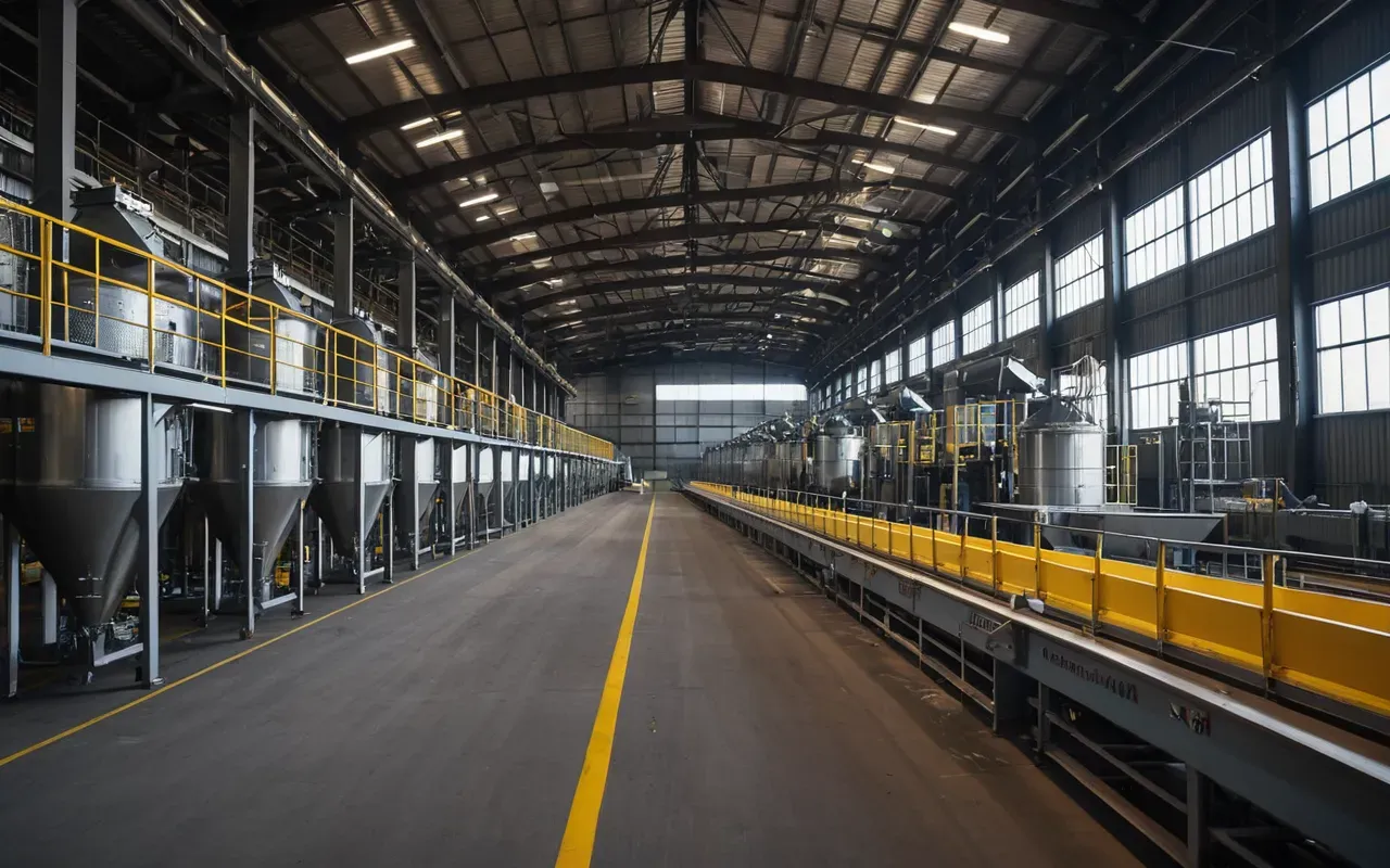 Wide angle view of a large industrial mixing facility with automated conveyors and hoppers in operation during early morning light, workers in high visibility gear moving through the space, clean modern industrial design.