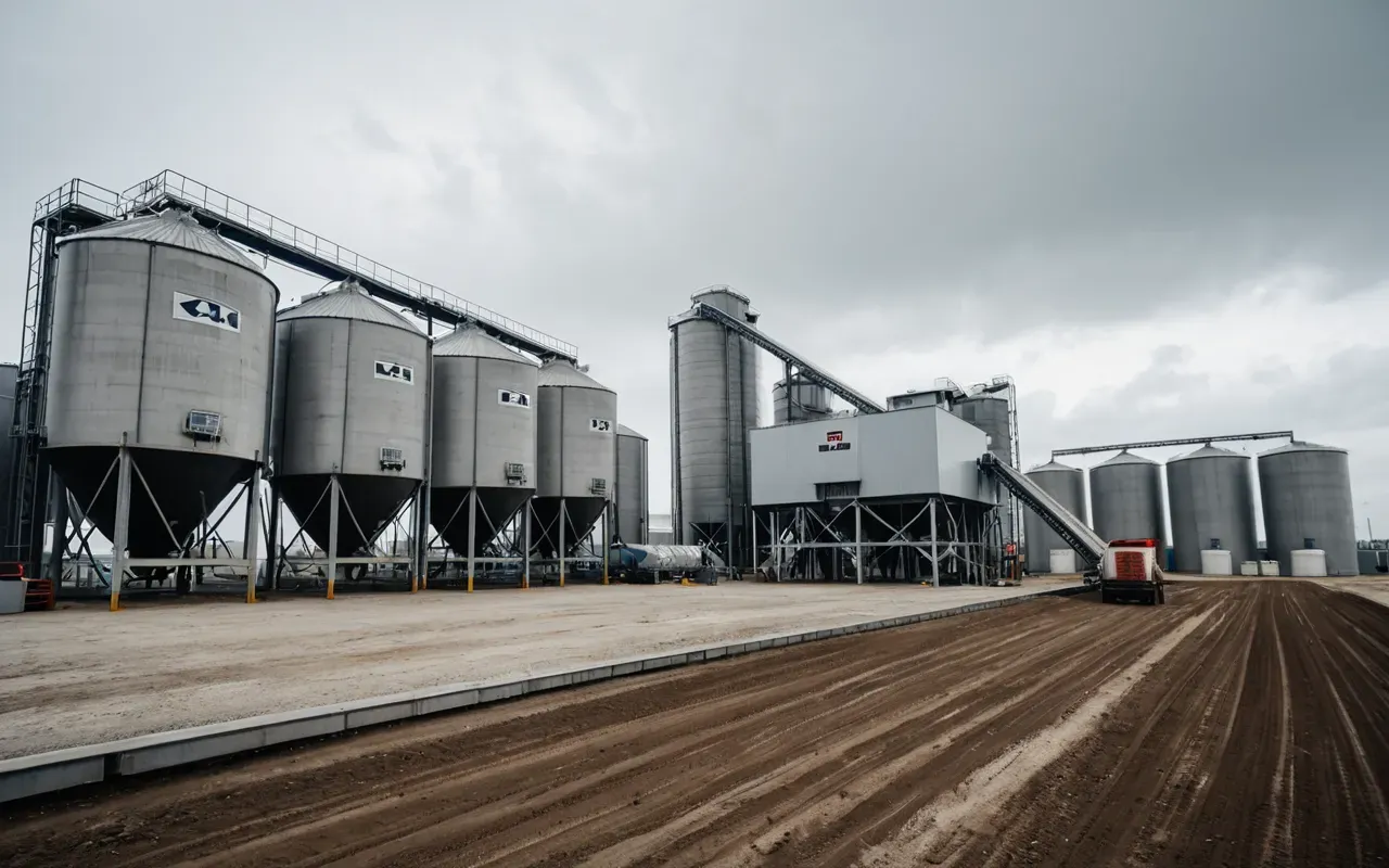 Wide angle view of a modern concrete batching facility with multiple large storage silos and automated conveyor belts under an overcast sky.