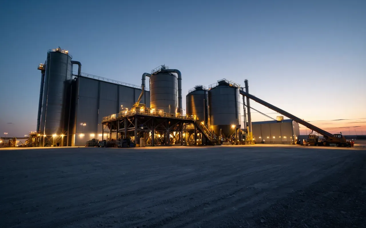 Wide angle view of a modern industrial concrete batching facility at dusk with glowing amber lights reflecting off polished steel surfaces and heavy machinery silhouettes against a twilight sky