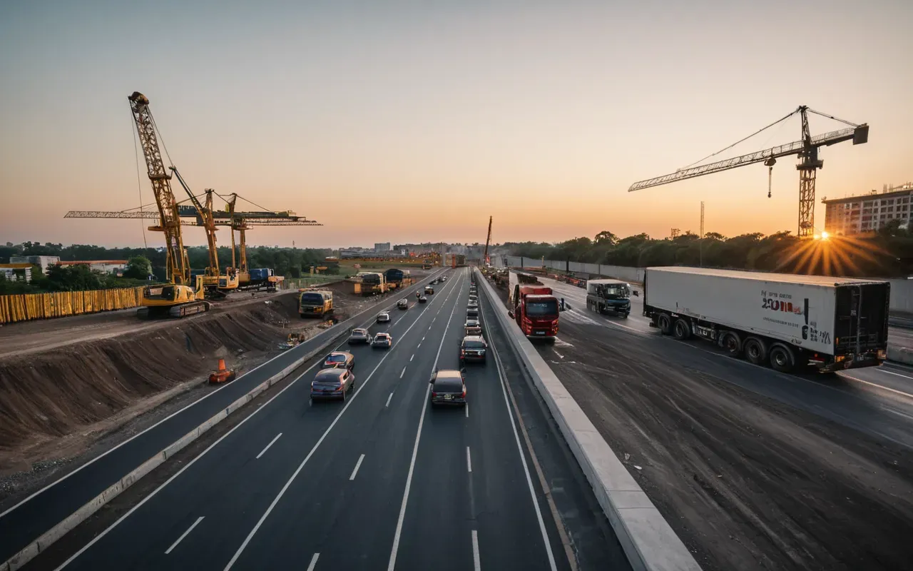 Wide shot of a busy construction site at sunset with cranes and concrete trucks moving along a paved access road