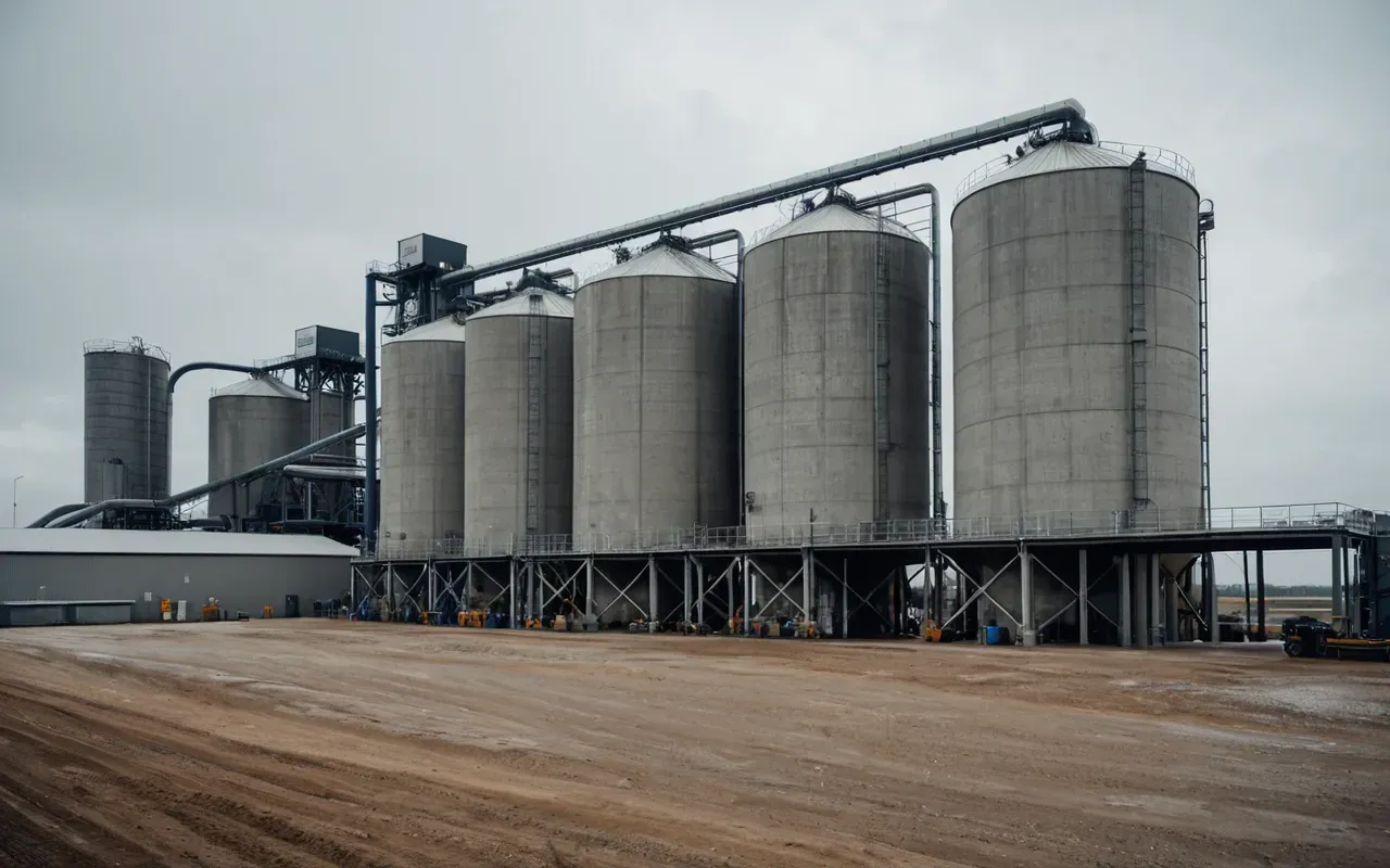 Wide shot of a modern concrete batching facility with large silos and automated control panels under overcast skies showing industrial scale operations without any visible branding or text elements in the frame.