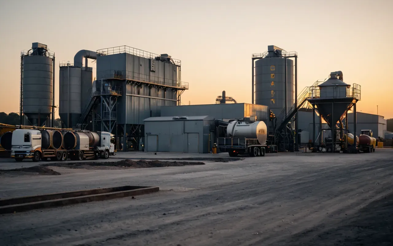 concrete plant operations Wide shot of a modern concrete batching plant at dawn with industrial mixers and clean paved yard under soft golden light
