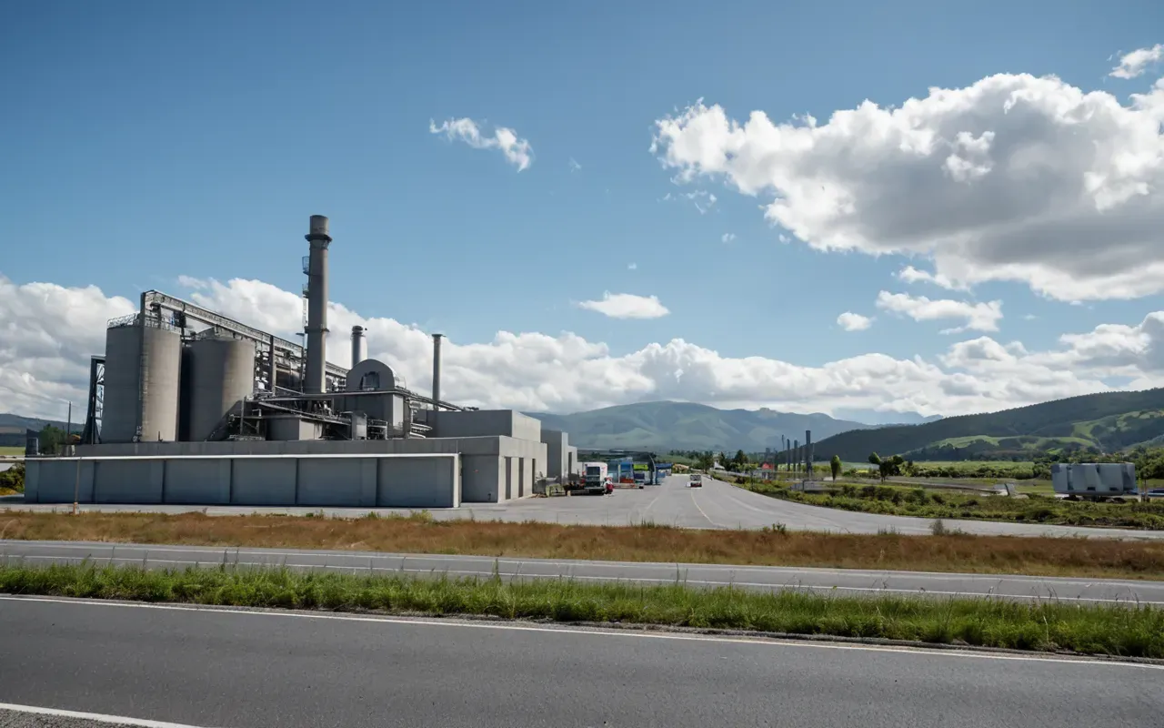 Wide shot of a modern concrete plant exterior with green landscaping and clean paved roads under a clear blue sky with white clouds and distant hills