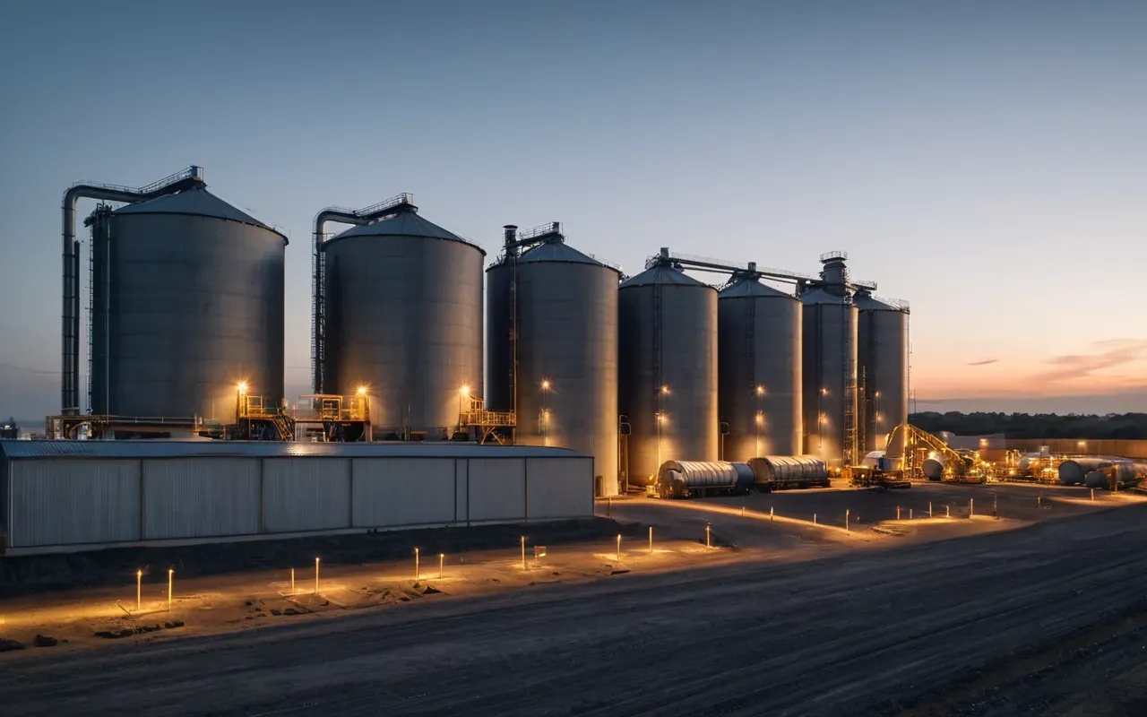 Wide shot of a modern industrial concrete batching facility at dusk with warm artificial lighting illuminating large silos and mixing drums in the background