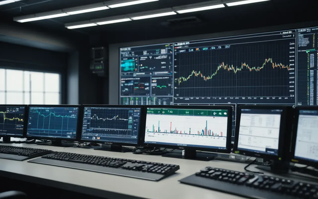 Wide shot of a modern industrial control room with large digital screens displaying real-time data graphs and automated machinery in the background, soft cool lighting, clean professional atmosphere, editorial photography style.