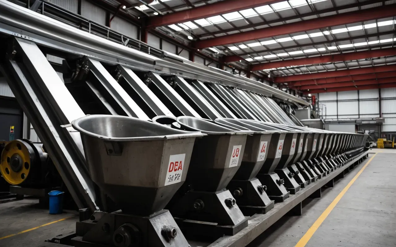 A close-up shot of heavy machinery components including metal hoppers and conveyor belts inside a clean industrial facility, showing the mechanical precision of material handling without any human presence or readable text.