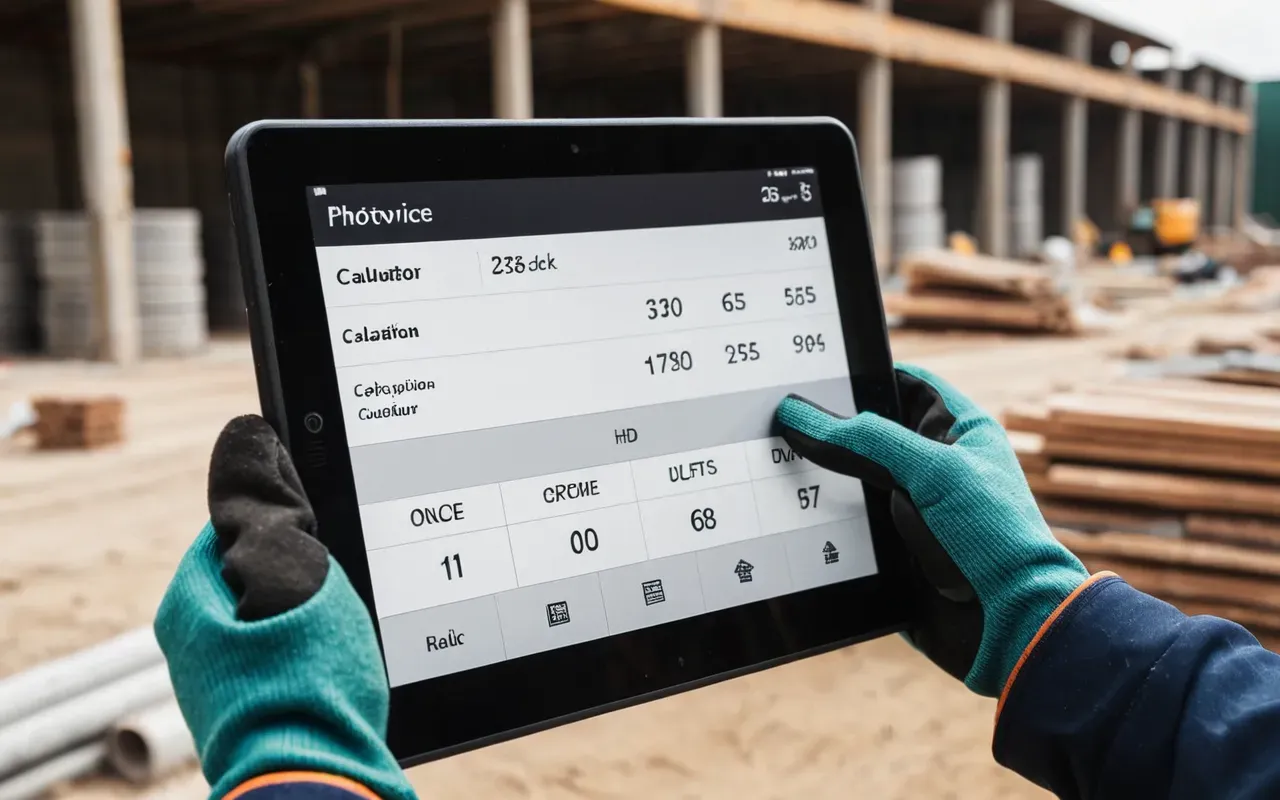 A close-up view of a digital invoice calculator on a rugged tablet screen held by a hand wearing work gloves against a blurred background of construction materials and hard hats in neutral tones.
