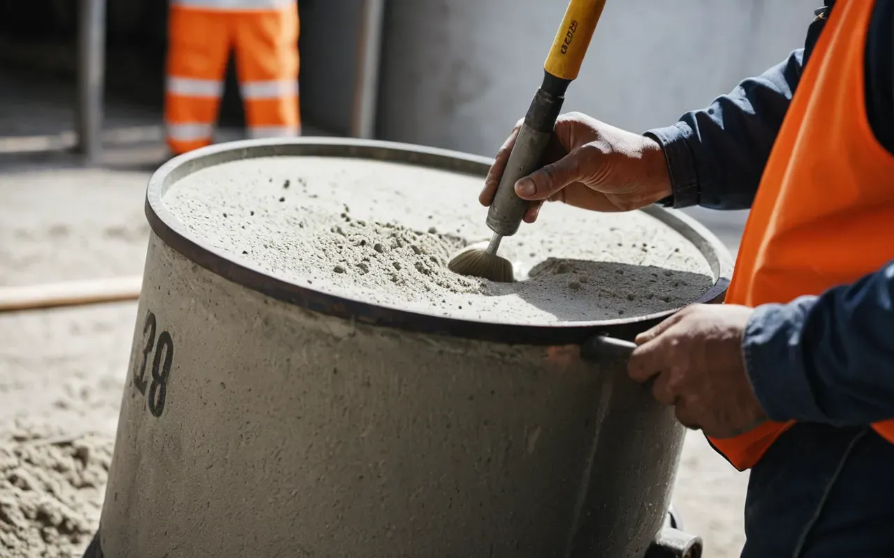 A close up view of a worker in safety gear checking the consistency of fresh concrete with a tool near a mixing drum.