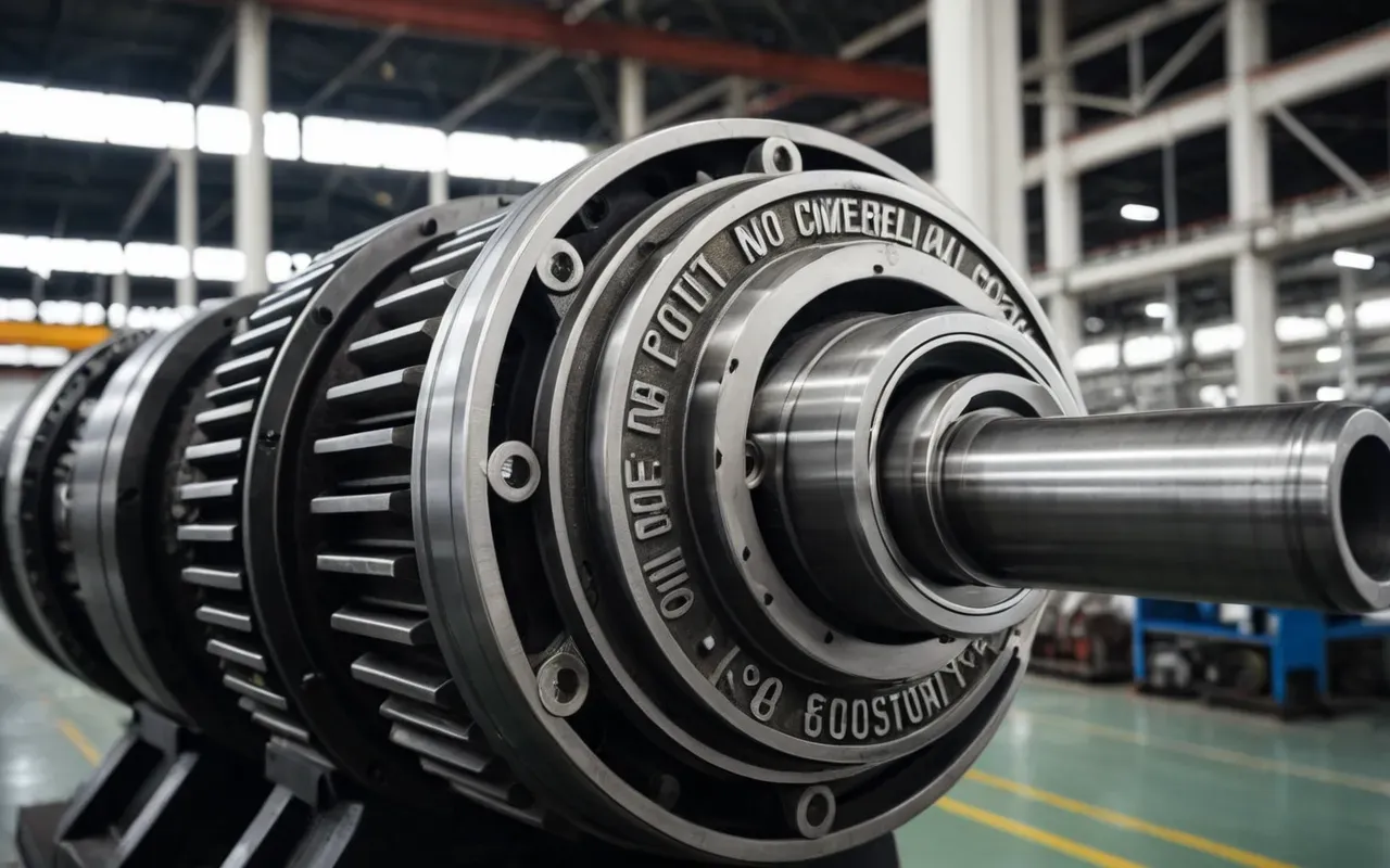 A close up view of heavy industrial engine components with polished metal surfaces and complex piping in a clean factory setting.