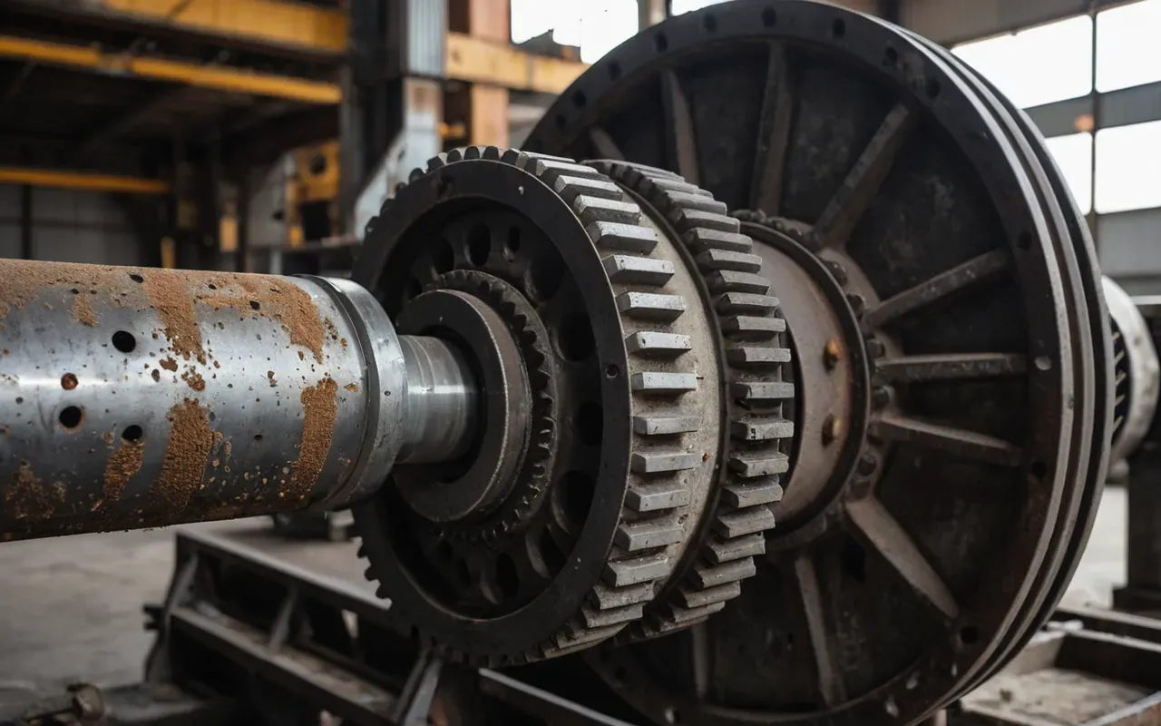 concrete plant maintenance A close-up view of worn concrete mixer gears and hydraulic lines with visible rust spots and fluid residue on industrial machinery parts under bright workshop lighting, no text or labels present.