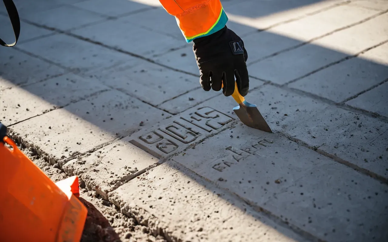 concrete finishing inspection A construction worker wearing safety gear inspecting a concrete surface with a trowel in hand under bright natural light