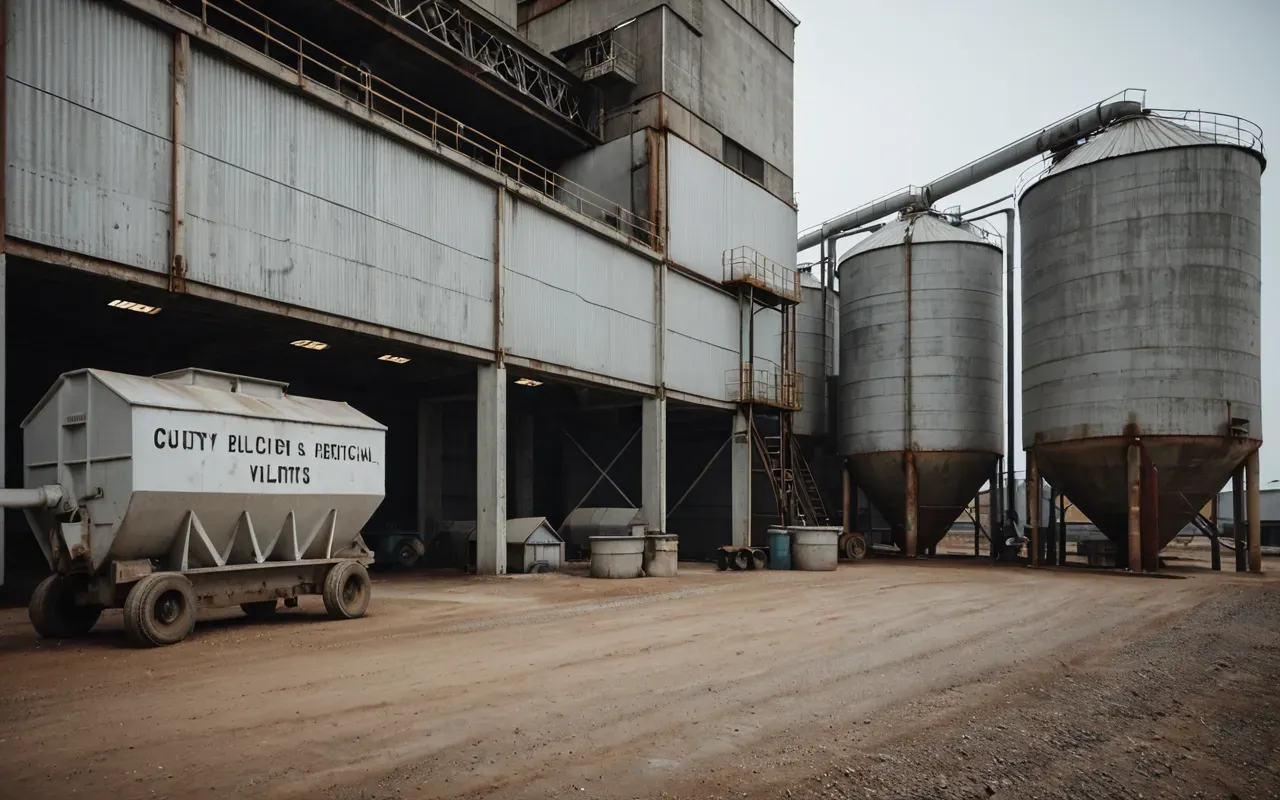 concrete batching equipment A dusty concrete batching facility with large aggregate bins and cement silos under overcast industrial lighting, showing signs of wear and rust on metal surfaces without any visible text or signage.