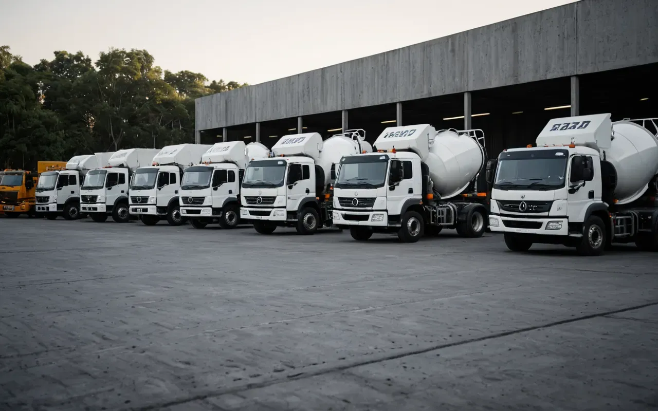 concrete truck fleet A fleet of modern concrete mixer trucks parked in a clean paved yard with soft morning light and no visible text or logos