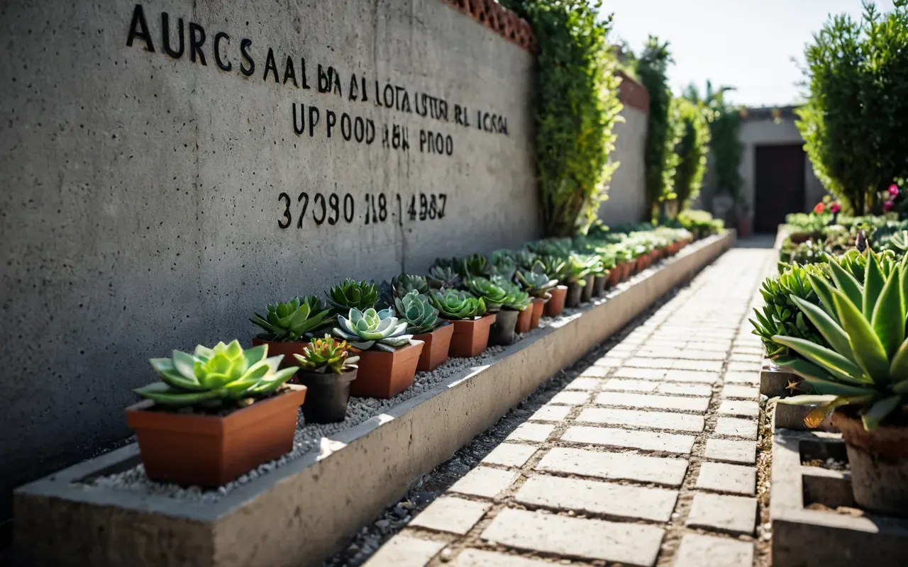 garden decor ideas A garden path lined with concrete blocks turned into planters filled with green succulents and flowers under bright natural light.