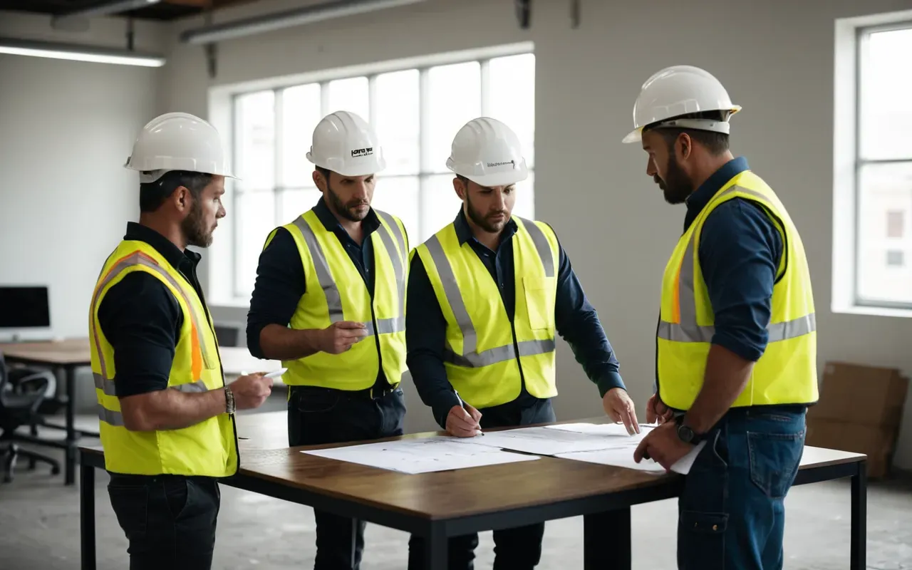 safety team meeting discussion A group of construction professionals in safety vests standing around a table reviewing documents and pointing at diagrams during a serious meeting in an office environment.