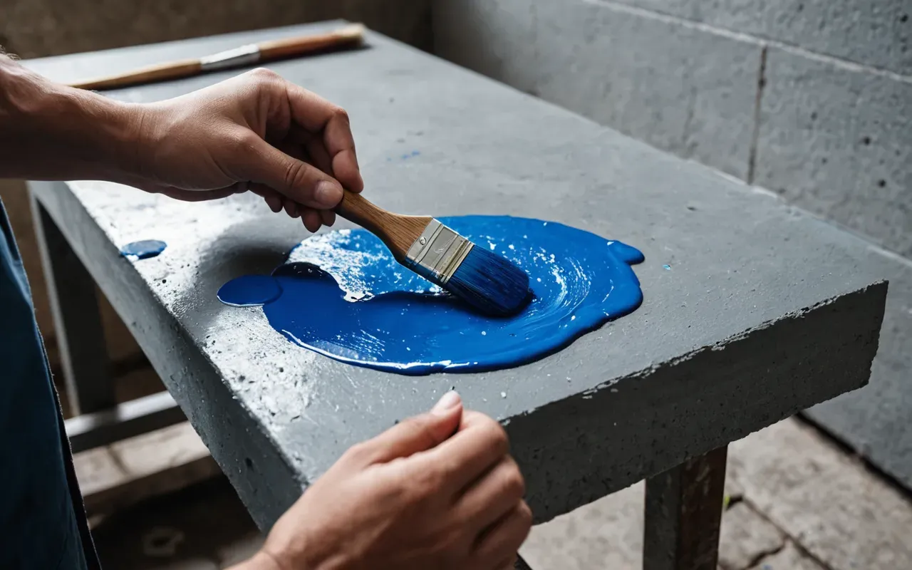 painting concrete blocks A hand holding a paintbrush applying bright blue paint to the side of a gray concrete block on a workbench.